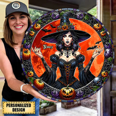 Wicked Witch Door Sign - Personalized Witch Round Wooden Sign For Halloween