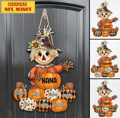 Fall Season Scarecrow Grandma- Mom With Little Pumpkin Kids Personalized Shaped Wooden Sign